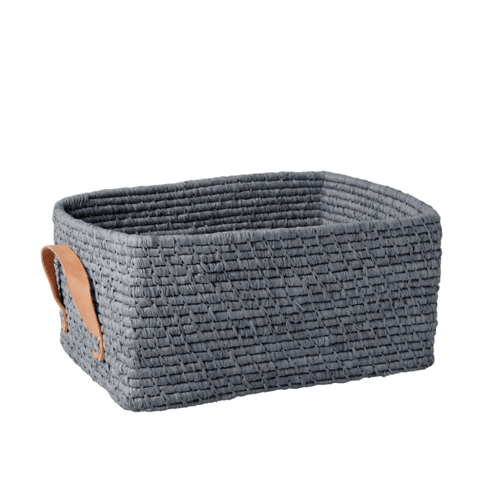 Blue Rectangular Raffia Basket Leather Handles Rice DK